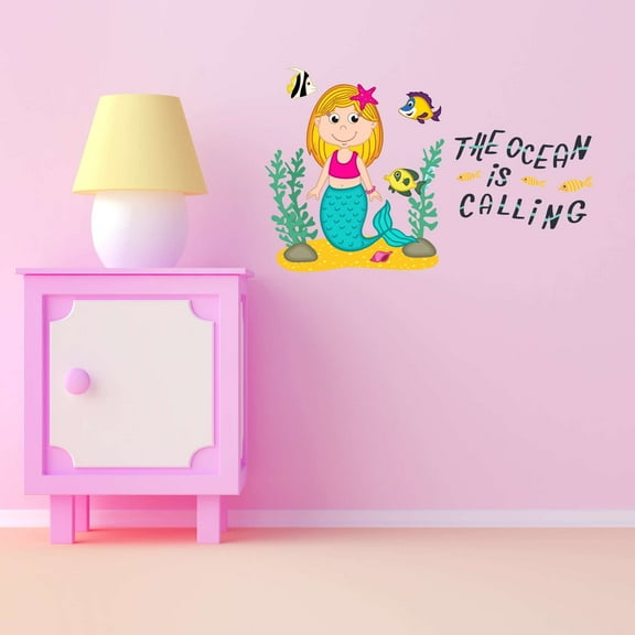 The Ocean Is Calling Mermaids Creatures Princess Fish Starfish Queen Sweet Dreams Bedtime Unicorn Lovely Dream Holiday Decorating Bedroom Wall Decal Sticker Cling - Size: 20 In X 12 In