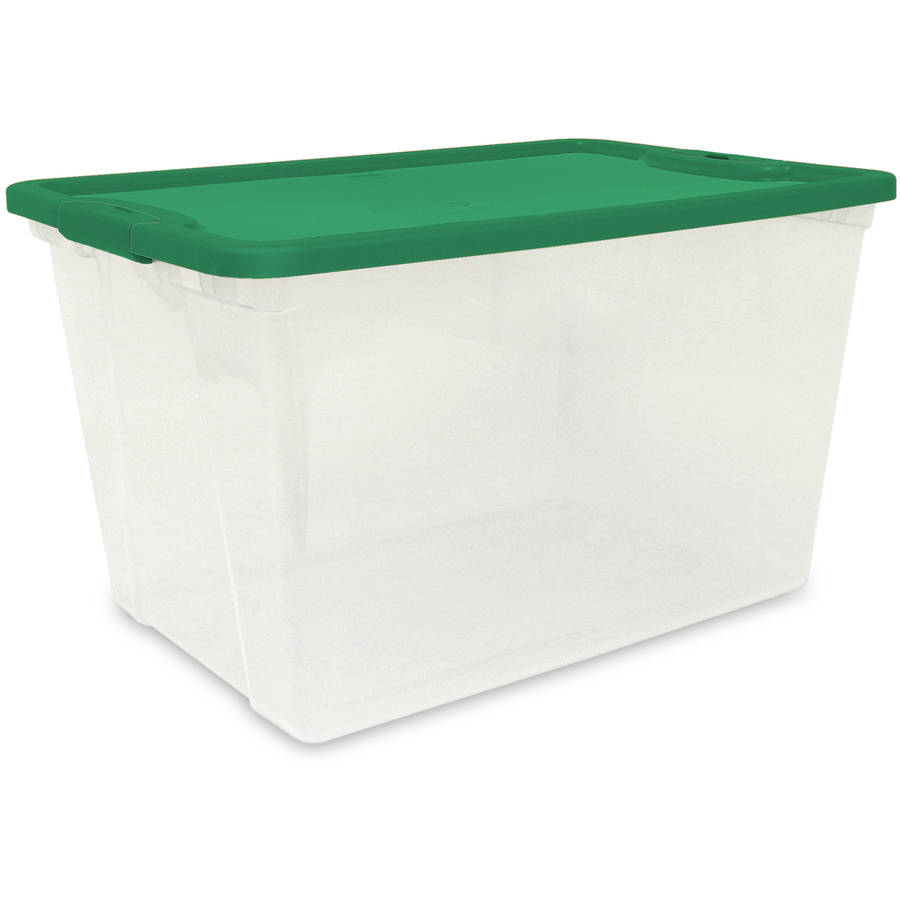 Homz 64 Qt. Plastic Storage Holiday Tote, Clear/Green (Set of 6