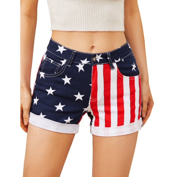 YXLUOKY 250th Anniversary Jean Shorts Womens American Flag Jorts 4" Stretchy Denim Shorts(Red White and Blue,8)