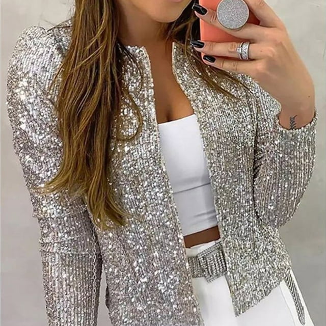 Cardigan pour Femmes à Manches Longues Manteau à Sequins Brillants Ouvert Veste Décontractée pour Femmes
