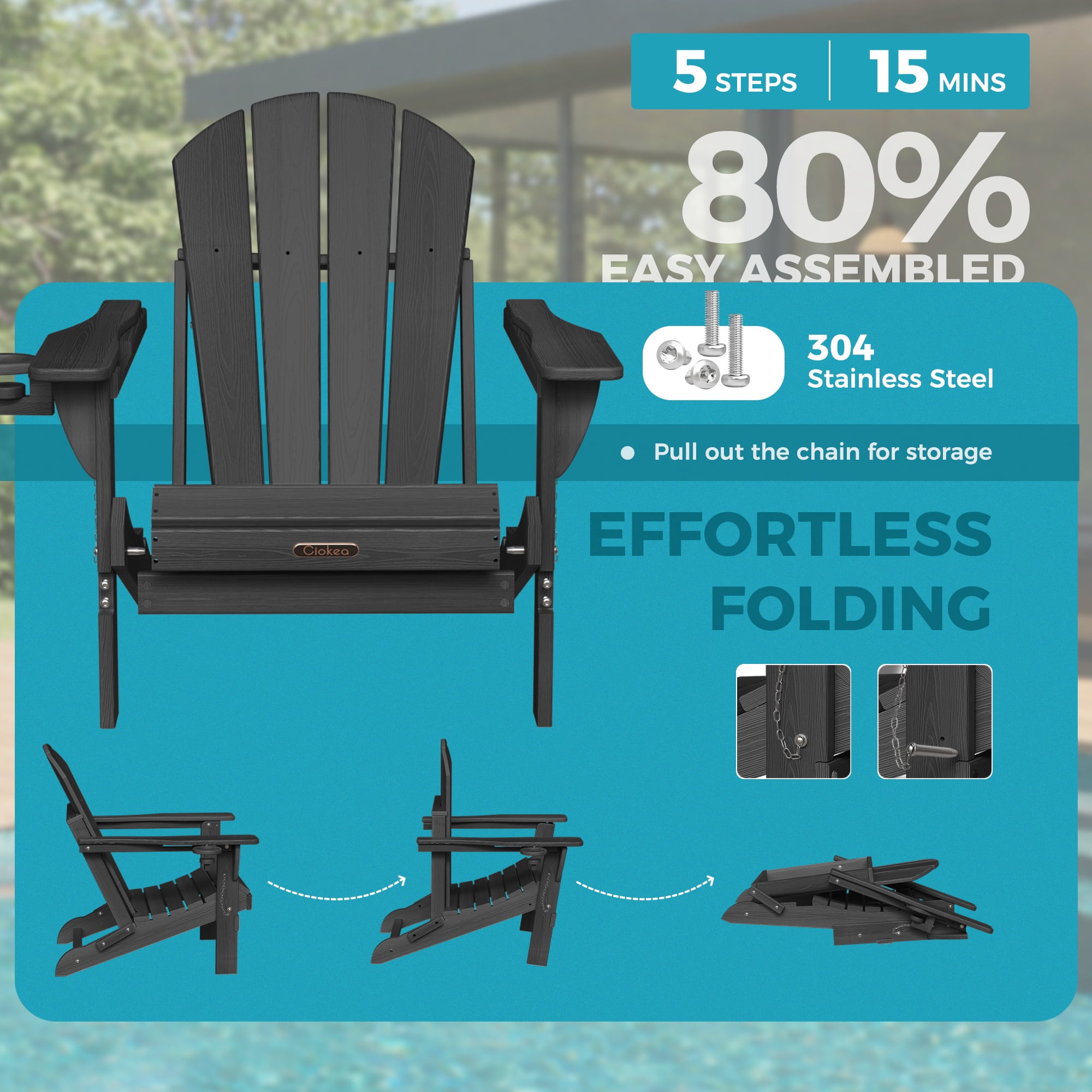 Ciokea Wood Adirondack Chair Folding Outdoor Patio Chairs Fire Pit with Cup Holder Pool Porch Garden Black