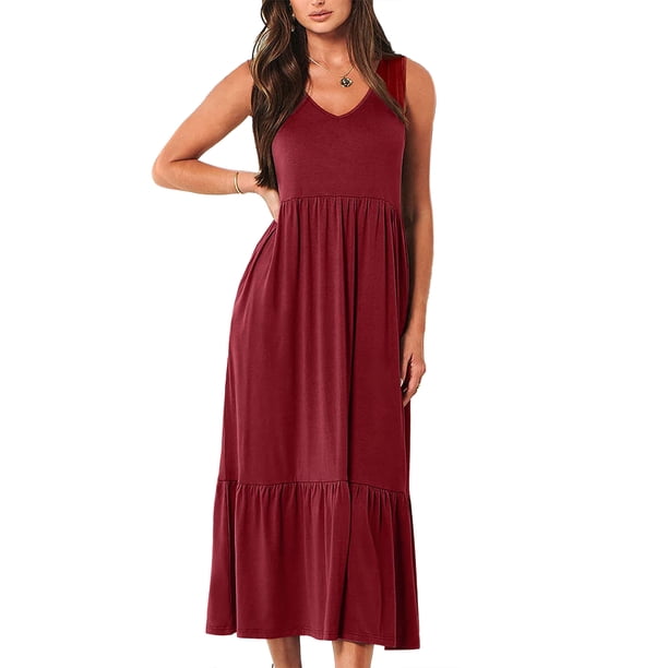 Lucakuins, vestidos midi de verano para mujer, moda de vacaciones, cuello en V, color sólido, sin mangas, playa, vestido acampanado Lucakuins moda