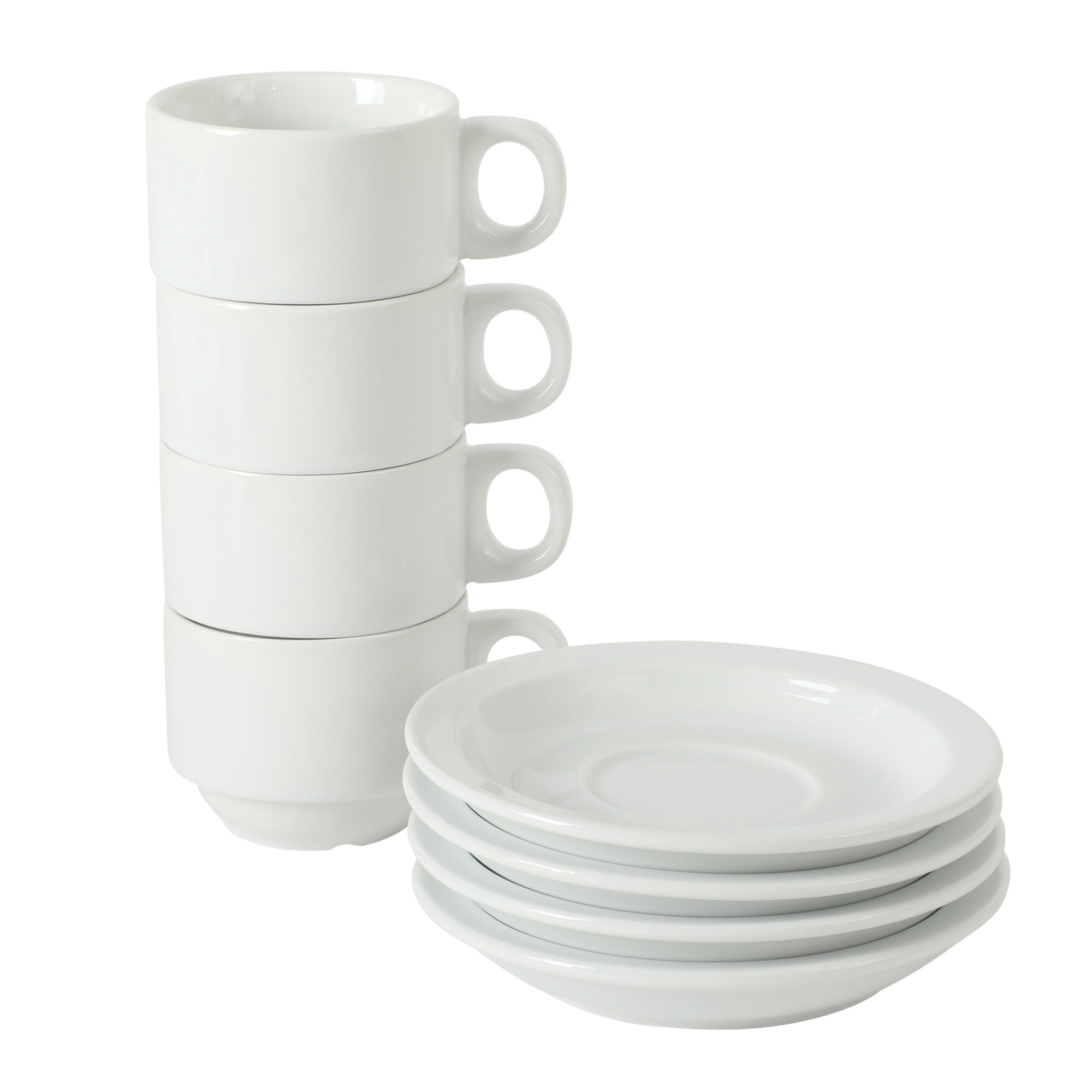 Gibson Home Gracious Dining Espresso / Cuppuccino Cups Set of 4, Small Stackable Coffee Cups with 4 Saucers, Metal Stand, Ceramic Demitasse Mugs, Espresso Accessories for Machine