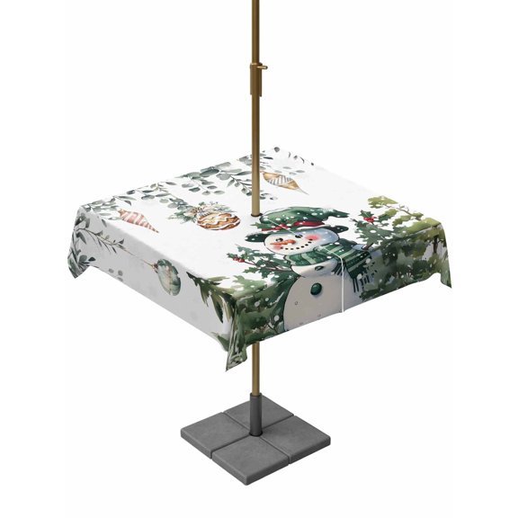 Outdoor Tablecloth with Umbrella Hole and Zipper, Green Snowman Christmas Square Table Cloth 60x60 Inch Waterproof Tablecloth, Eucalyptus Leaves Xmas Snowflake Picnic Table Cover for Patio Camping