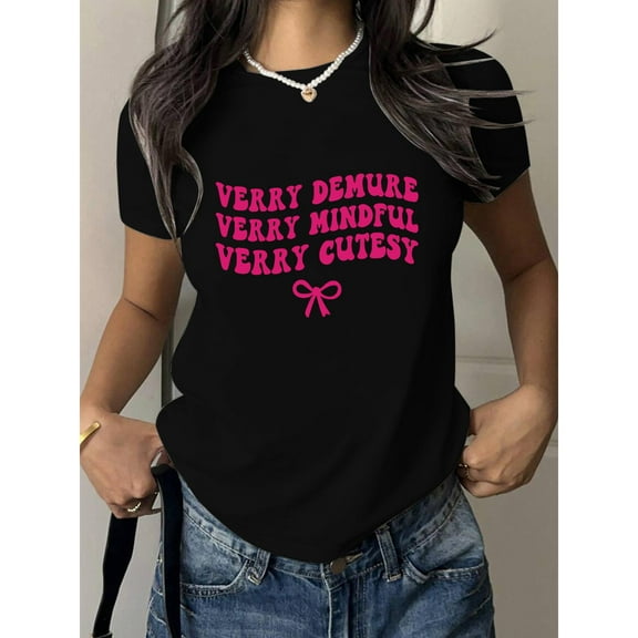 Cotton Womens Demure Mindful Cutesy Graphic Bow Tee T Shirt Tops Short Sleeve Round Neck Black S-5XL