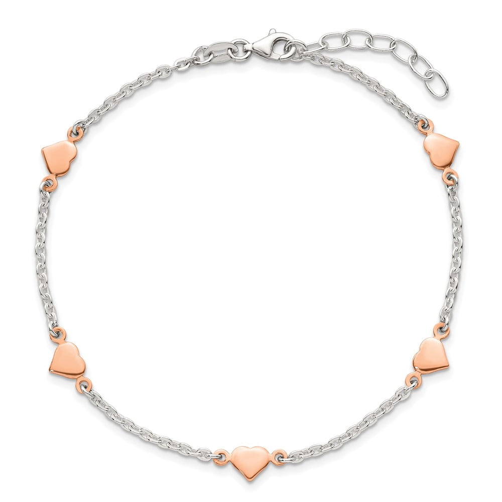 Sterling Silver with Rose-tone Polished Hearts 5-Station 9 inch with 1 inch Extension Anklet
