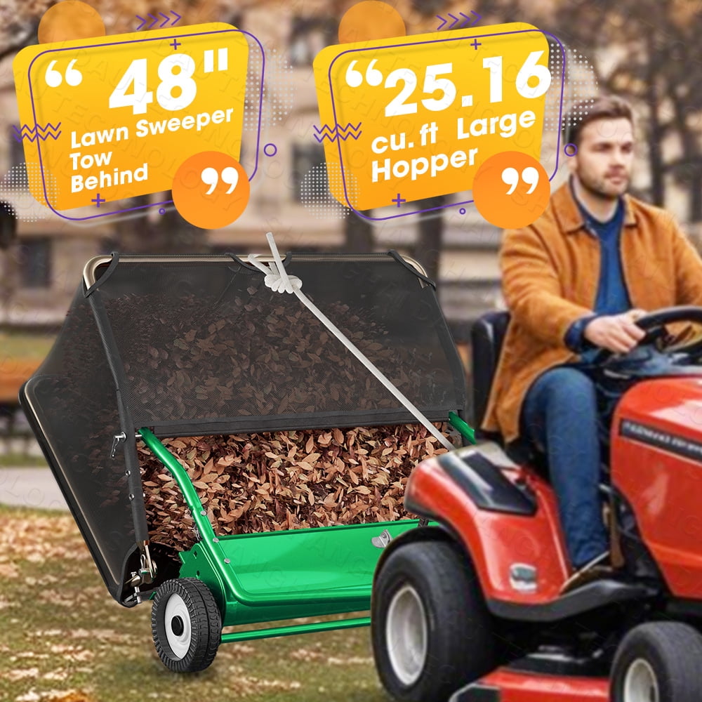 48" Tow-Behind Lawn Sweeper, 25.16 Cu.Ft Large Hopper Leaf & Grass Collector, Adjustable Brush Height, Easy Dumping Rope, Heavy Duty Yard Cleanup Tool for Lawn Tractor ATV
