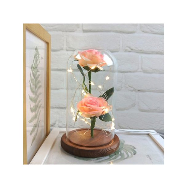 Artificial Rose Flowers in a Glass Dome with LED Light String Gift