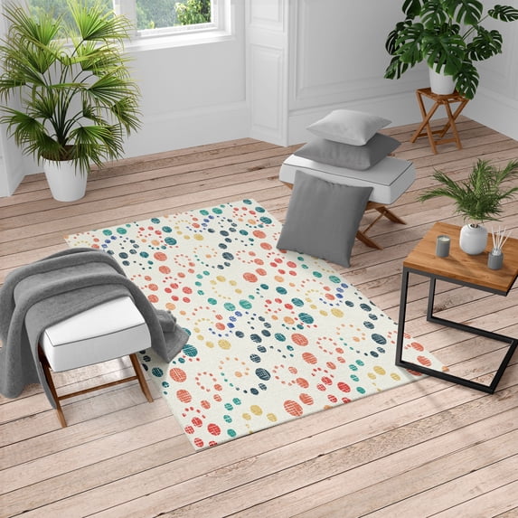 Modern Art Turkish Area Rug, Grunge Polka Dots Spots Backdrop Motif Retro Nostalgic Aesthetic Image Print, Soft Carpet for Living Room Decor with Distressed Look, 4' X 5.7', Dark Coral, by Ambesonne