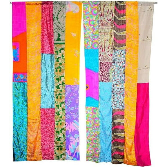 Indian Vintage Sari Multi Color Handmade Patchwork Curtain Door Drape Recycled Curtain (Assorted)(10 Pieces)