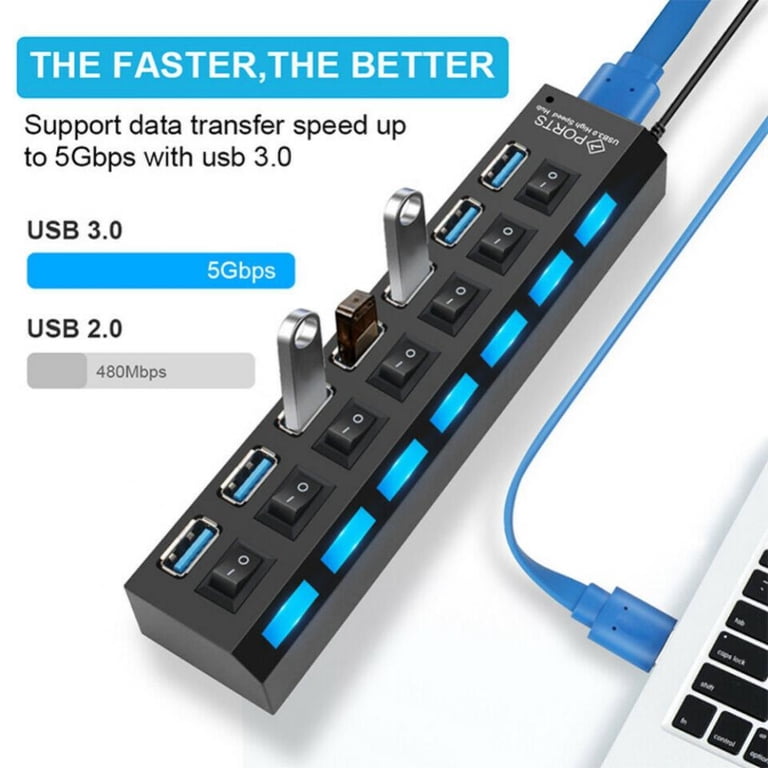 36W 8-Port USB 3.0 Hub With Power Adapter - 12V/3A For PC, Laptop, Mac, Fast Charging
