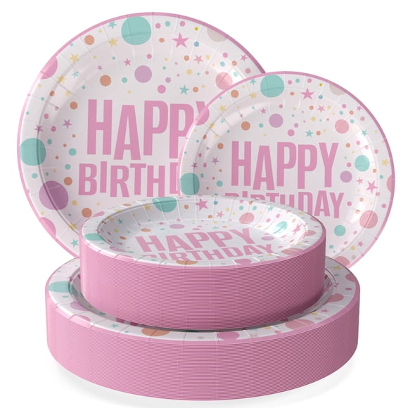 Exquisite Pink Birthday Paper Plates Disposable Heavy Duty 100 Pcs - 50-7" & 50-9" Pink Birthday Plates For Party Heavy