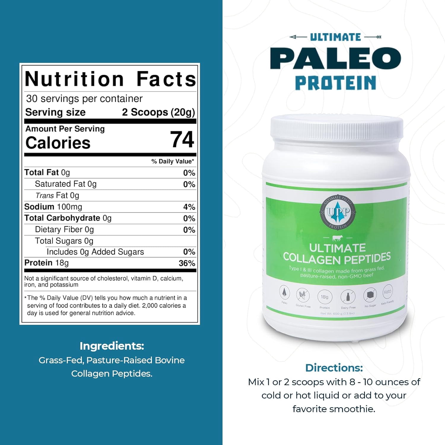 Ultimate Paleo Protein Collagen Peptides | Provides Type I & III Collagen | Paleo and Keto Friendly, Gluten Free, No Artificial Sweeteners or Preservatives - 30 Servings