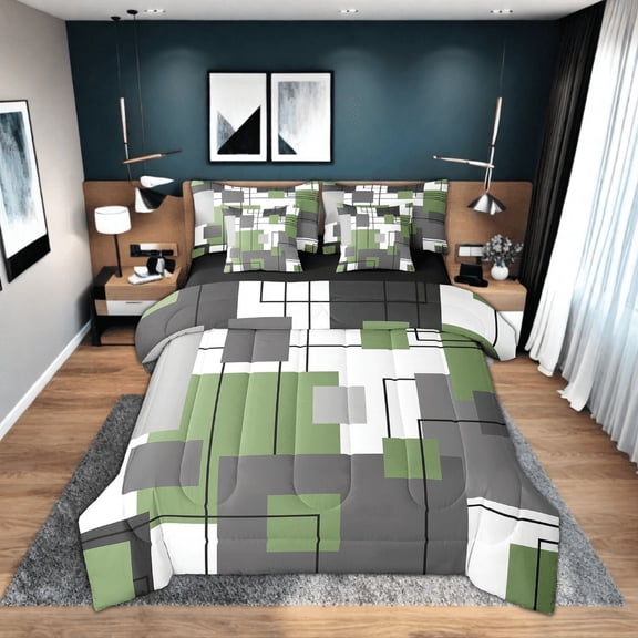 Erosebridal Abstract Geometry Comforter Set 7 Piece Twin Black Grey Green Bed In A Bag Geometric Square Bedding Set Adults Abstract Grid Striped Bed Set Soft Lightweight For All Season