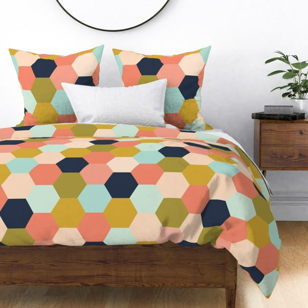 Coral Jubilee Mustard Hexagons Wholecloth Cheater Sateen Duvet