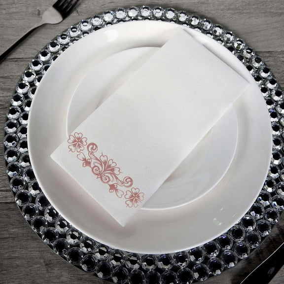 Efavormart 20 Pack Foil Disposable White Airlaid Paper Dinner Napkins | Soft Linen-Feel Hand Towels Floral Scroll  for Kitchen, Bathroom, Parties, Weddings - Rose Gold