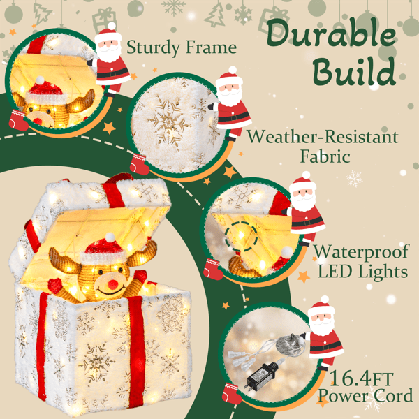 Christmas Lighted Gift Box Decoration, 60 Warm White LED Lights, Weather-Resistant Metal & Waterproof Fabric, Easy Setup for Home, Yard, Patio