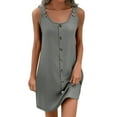 thumbnail image 2 of Ndbuld Robes d'Été Midi Robes pour Femmes Couleur Unie Bretelles Col en V Double Couche Crêpe Robe Boutonnée avec Poches Liquidation Moins de 5$, 2 of 9