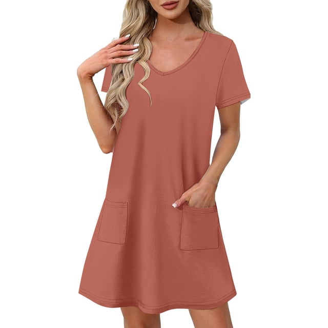 Vestido Corto de Verano de Moda de Color Sólido Vestido Casual de Cuello en V de Manga Corta, Desgaste Ligero de Poliéster para las Mujeres, Lavado de Manos