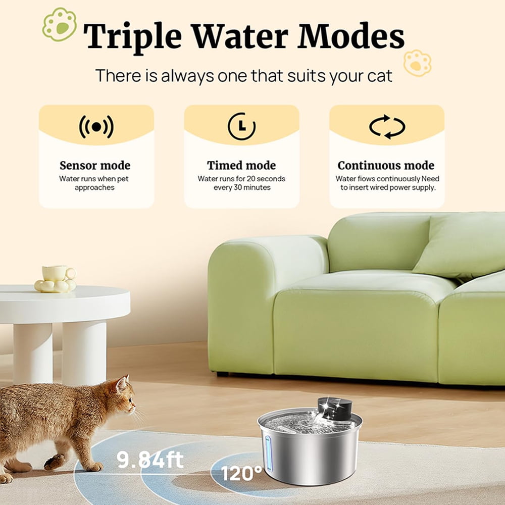 PEPWELL 3.2L Wireless Cat Water Fountain - 5000mAh Rechargeable Battery, 3 Working Modes, 304 Stainless Steel, 5-Layer Filtration, Quiet Operation for Indoor Cats & Dog