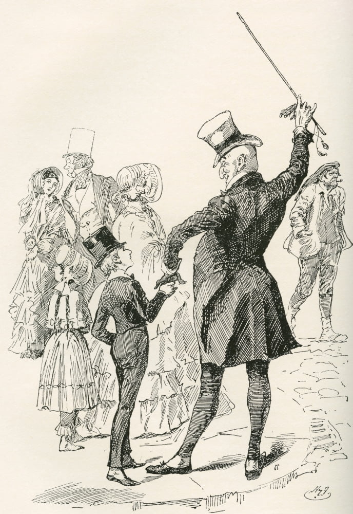 Mr Micawber Takes David Home We walked to our house together Mr Micawber impressing the names of streets and the shapes of corner houses upon me as we went along Illustration by Harry Furniss for the