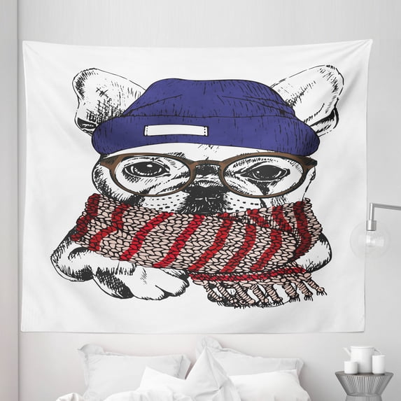 Bulldog Tapestry, Hand Drawn Style Portrait of Cozy Winter Dog Wearing a Scarf Beanie and Glasses, Fabric Wall Hanging Decor for Bedroom Living Room Dorm, 5 Sizes, Multicolor, by Ambesonne