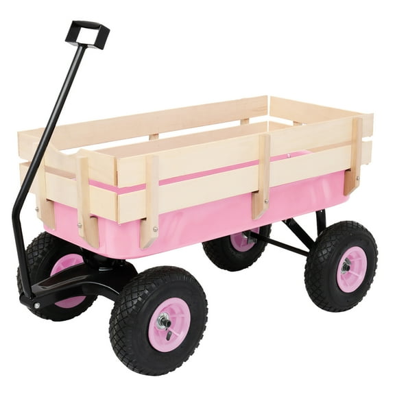 Outdoor Heavy Duty Steel Wooden Side Support Cargo Wagon with 10" All-Terrain Air Tires, Up to 220lb Load Capacity, Effortless Foldable Handle Cart for Towing Kids Toys, Garden Supplies, Pink