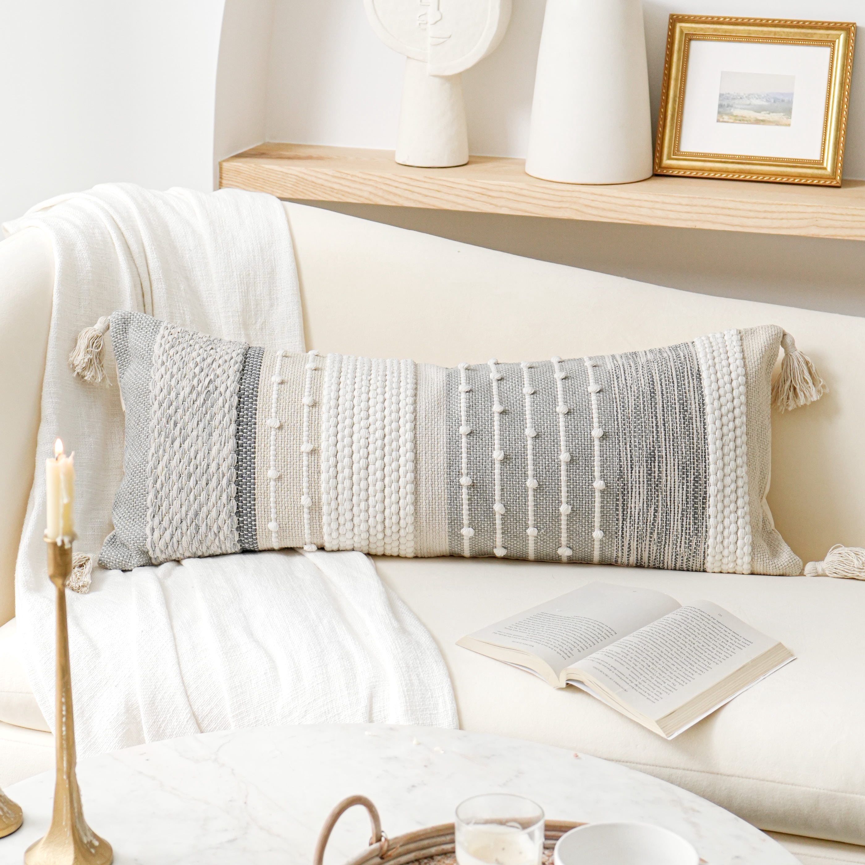 BlissBlush Gray Boho Lumbar Throw Pillow Cover 14x36 Grey Accent Long Body Lumbar Pillow for Bed Decorative Modern Bohemian Woven Textured Lumbar Pillow for Bed Cover ONLY