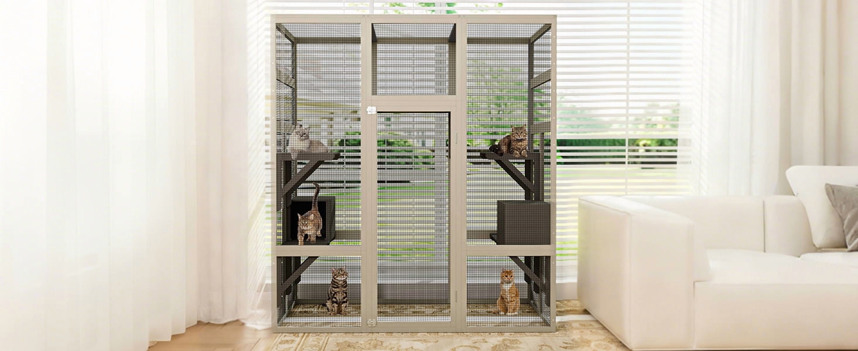 Catio Outdoor Cat Enclosure with 7 Platforms, 2 Resting Boxes, Large Window Cat House for 4-6 Mulitiple Cats Walk in Kitty Cage 70"