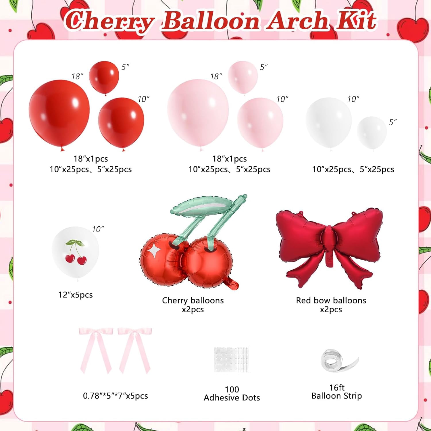 Cherry Balloon Arch Garland Kit with Ribbon Cherry Bow Foil Balloons for Party Decorations