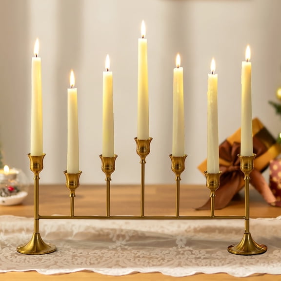 Sziqiqi 7-Arm Long Row Candelabra: Brass Gold Candle Holder for Taper Candles Elegant Staggered Centerpiece for Christmas Table Wedding Fireplace Mantel Decor Gift
