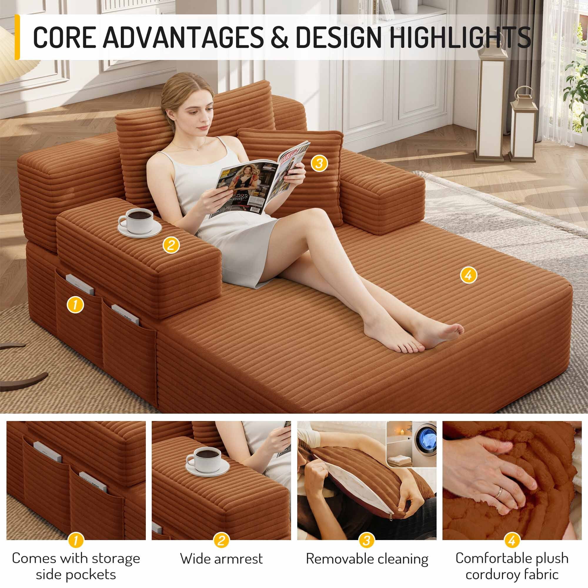 Lunale Boneless Chaise Lounge Chair Indoor, Oversized Convertible Sofa Bed, Cloud Corduroy Sofa Chair for Living Room, Orange