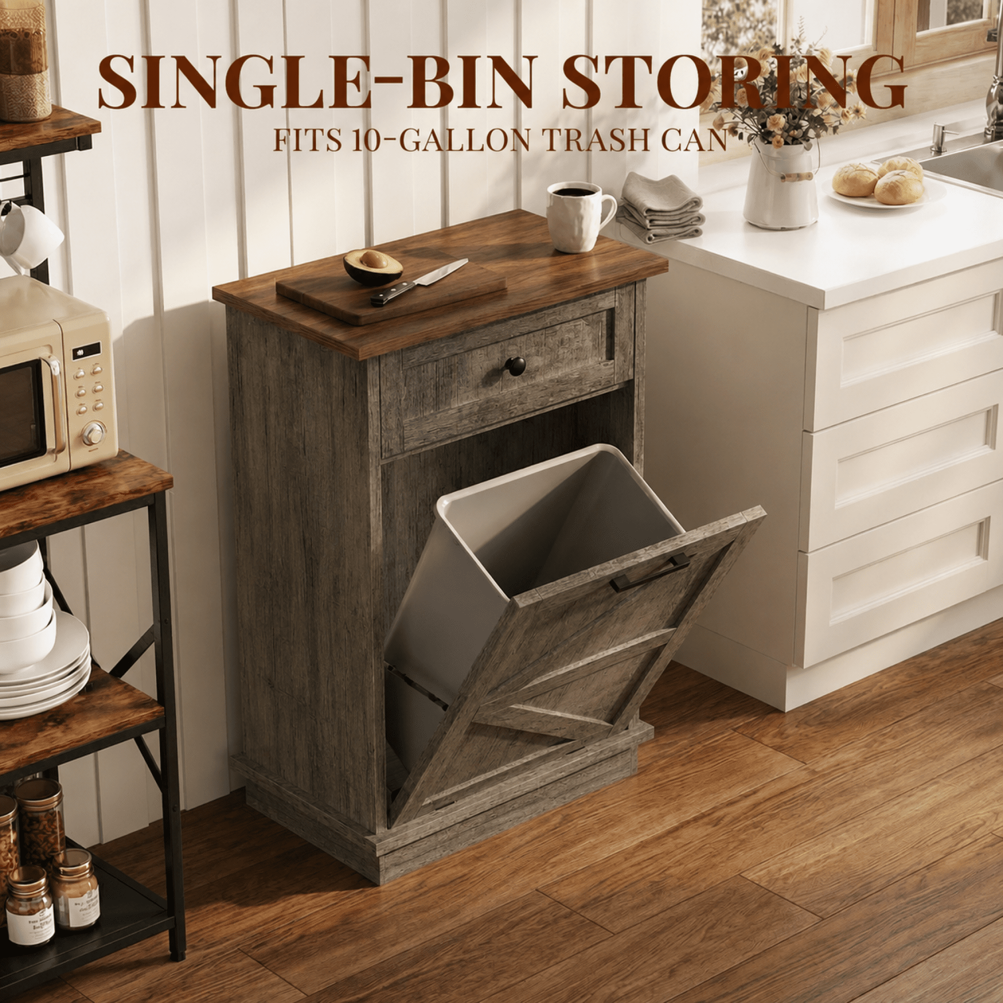 HOQBN Tilt Out Trash Can Cabinet, 10-Gallon Farmhouse Hidden Garbage Cabinet with Drawer, Dog Proof Wooden Trash Storage Cabinet for Kitchen, Laundry, Living Room, Office Grey+Brown