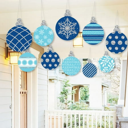 Blue Christmas Holiday Ornaments - Hanging Blue and Silver Ornaments - Outdoor Holiday and Christmas Hanging Porch and Tree Yard Decorations - 10 Pieces
