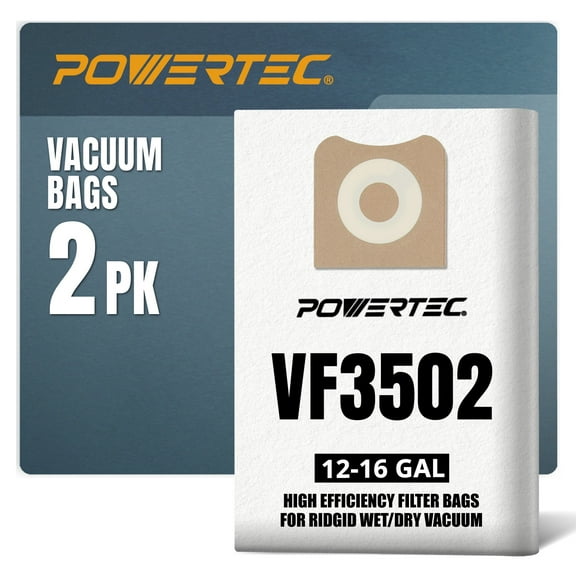 POWERTEC 2PK Ridgid VF3502 Vacuum Bags, Replacement Filter Bags for Ridgid RT1200, 1610RV 12-16 Gallon Wet/Dry Vac Dust Collection Bags, 75002V