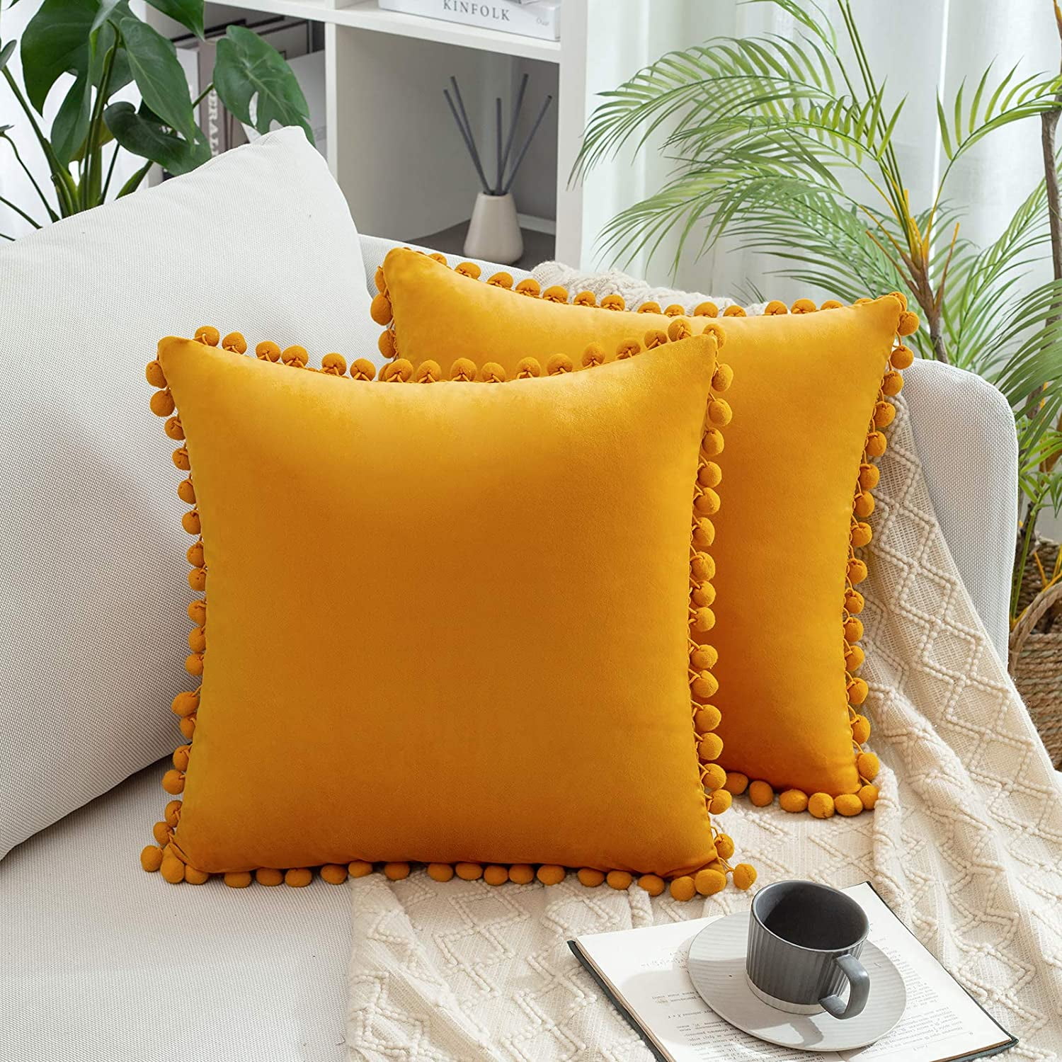 IGUOHAO Pack of 2 Square Decorative Throw Pillow Covers with Cute PomIGUOHAO poms Soft Velvet Farmhouse Cushion Covers for Couch Sofa Bedroom Decor 16