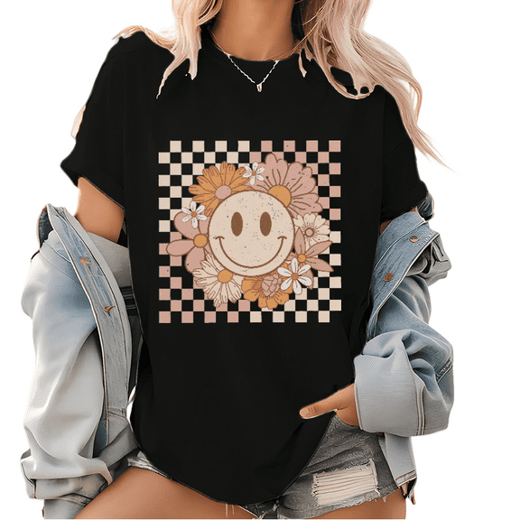 Flower Smiley Face Graphic Tees Trendy Vintage Print T Shirts Checkered Happy Face Pattern Tops for Daily Outfits Black,2XL