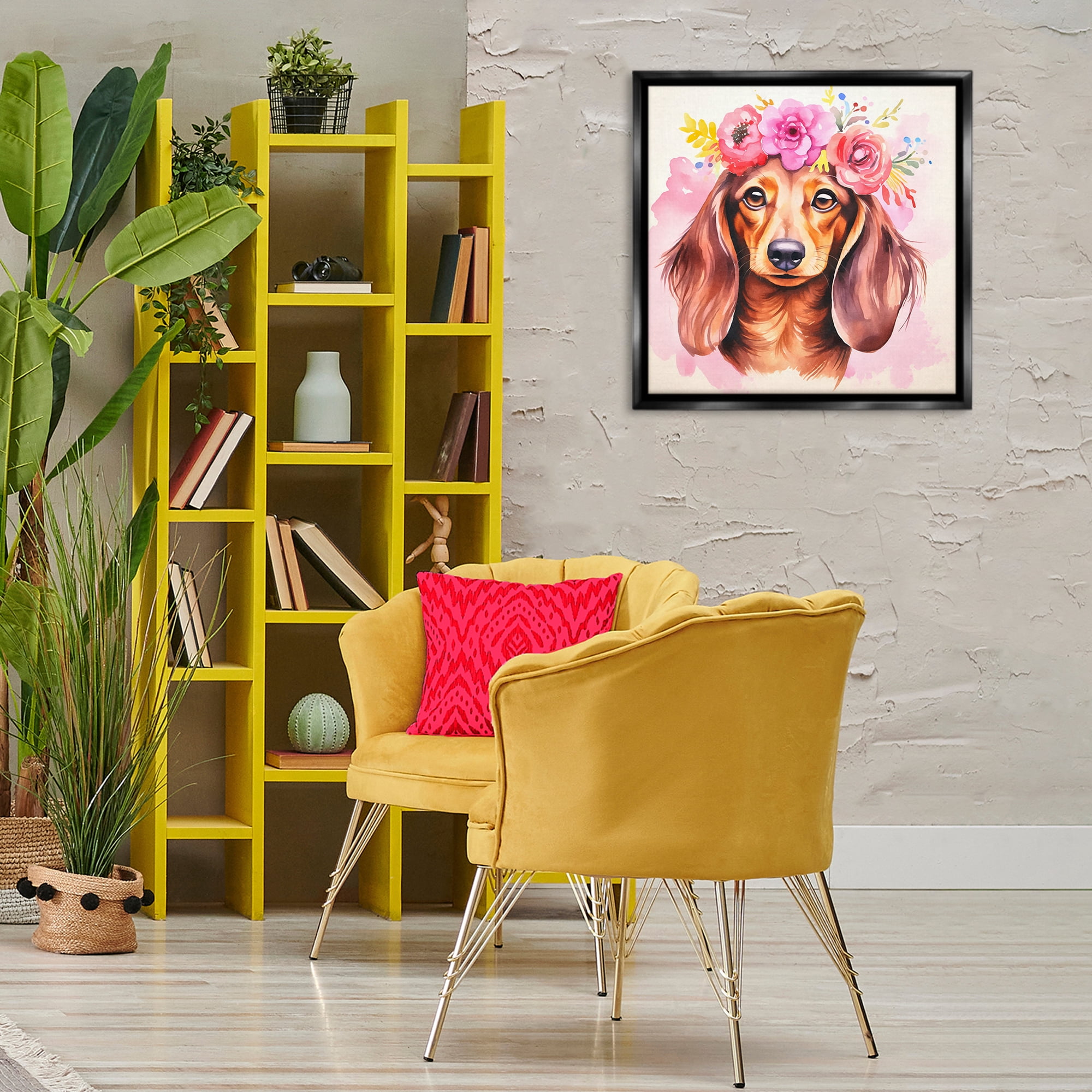 Stupell Industries Boho Wiener Dog Dachshund Animals Painting Black Floater Framed Canvas Art Print Wall Art, 25 x 25