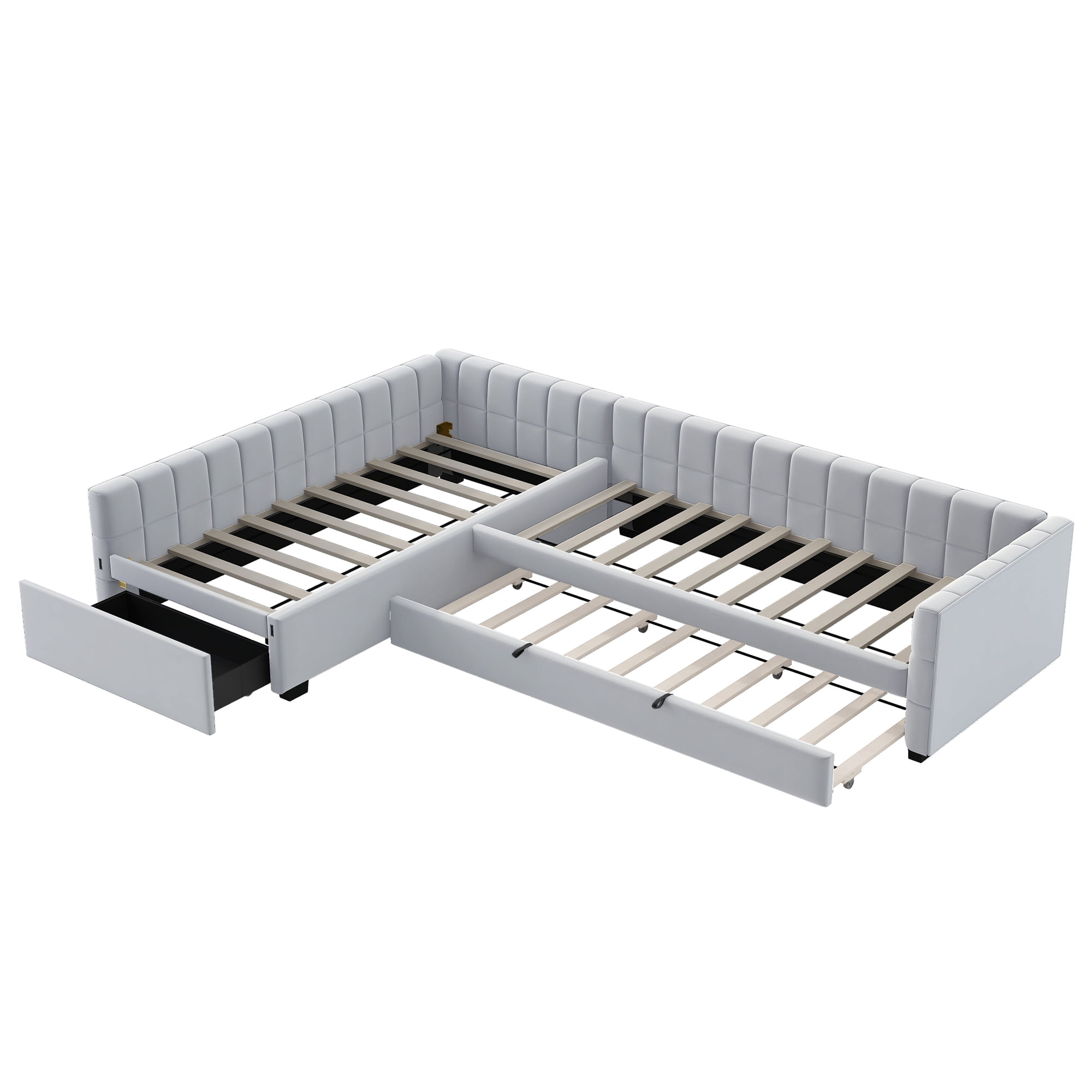 Euroco Upholstery L-Shaped Twin Platform Bed with Trundle and Drawer, 3 Beds in 1, No Spring Box Needed, Gray