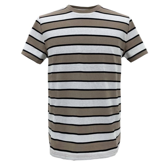 playera george talla eg manga corta diseño rayas café, vista frontal centrada de corte regular con cuello redondo; franjas horizontales café y blanco separadas por líneas negras finas, mangas cortas y dobladillo recto, contraste en cuello y puños; estilo casual ideal para combinar con jeans o bermudas.