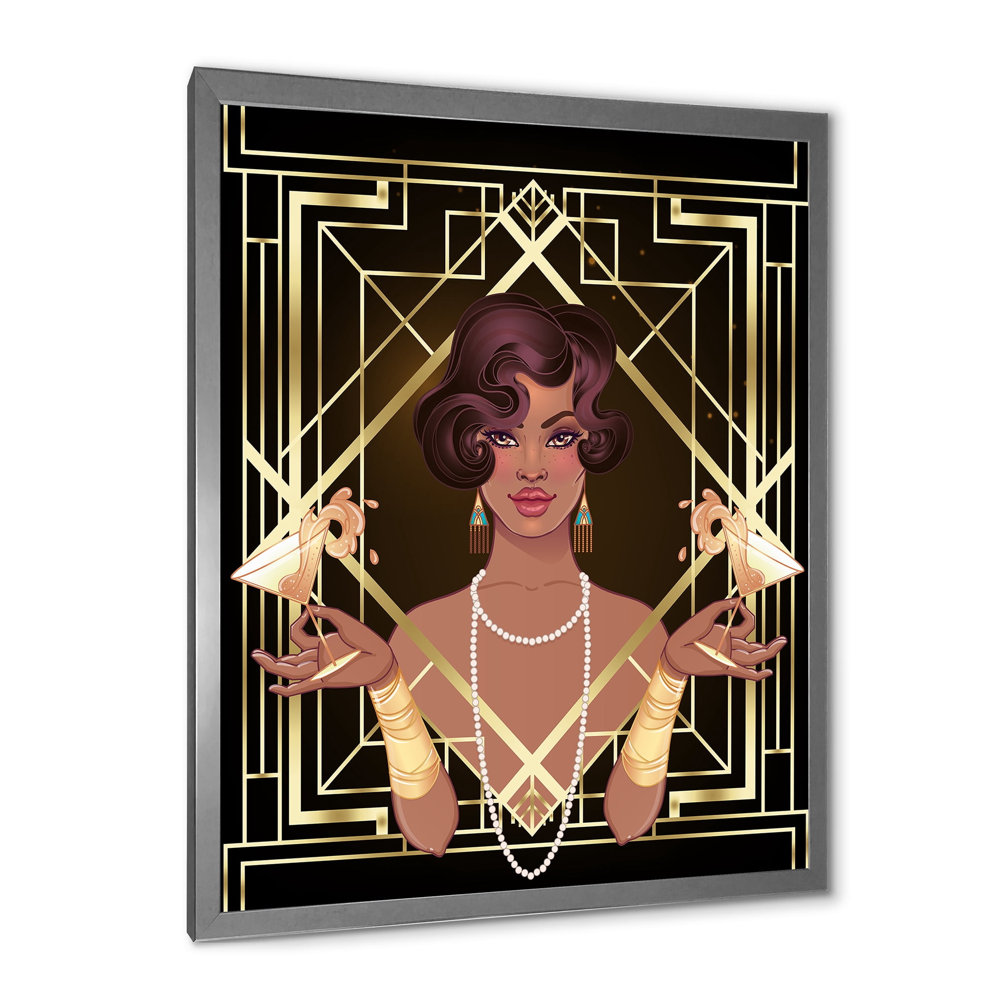 Designart 'Retro Girl In Golden Art Deco Geometrics I' Modern Framed Art Print