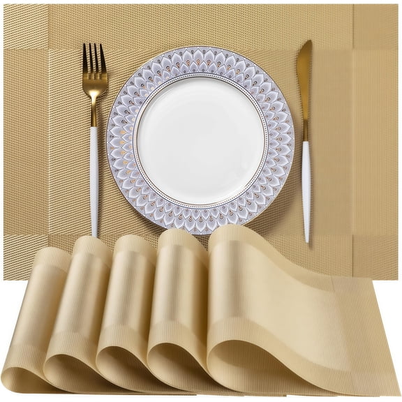 Vaelin Placemats Set of 4 Vinyl/Plastic Woven Place Mats for Kitchen Table Indoor/Outdoor Washable Placemat Wipeable Dining Table Mats(Gold)