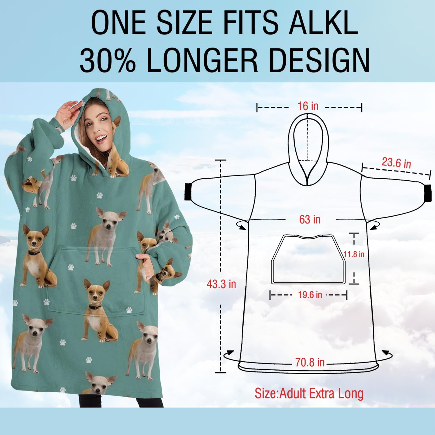 Oversized Wearable Blanket Hoodie,Chihuahua and Footprints Sherpa Blanket Hoodie with Super Pockets,Super Warm Fuzzy Pullover for Women & Men