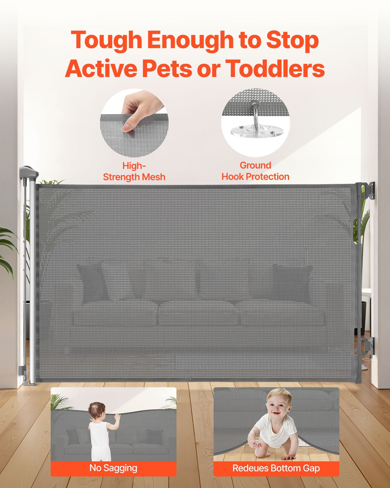 Retractable Baby Gate 57 Inch Wide 38.5 Inch Tall Security Lock Easy Walk Through Mesh Dog Gate for Stairs Hallways Indoor Outdoor Gray