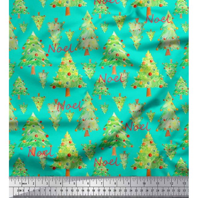 Soimoi Green polyester Crepe Fabric Text & Christmas Tree Print Fabric by the Yard 42 Inch Wide