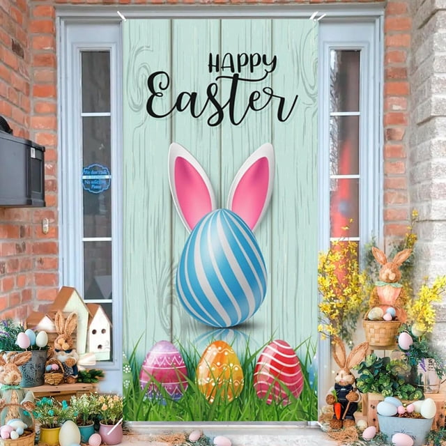 Decoraciones de Pascua, adornos de Pascua, regalos de Pascua, cortina de puerta de Pascua, lindo conejito, huevos de Pascua, escena festiva, decoración de porche y patio, cubierta de puerta, pancarta