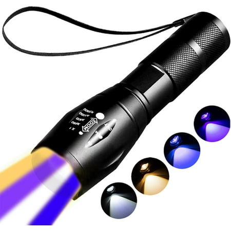 Rechargeable Multi Function Flashlights 4 Color Light Black Light UV Flashlights Blood Tracking Light for Observation.LED UV Black Light and Blue Light and White Light and Yellow Lights,Scorpion.
