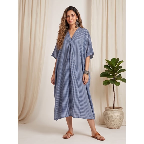 Blue Cotton Striped Kaftan Dress