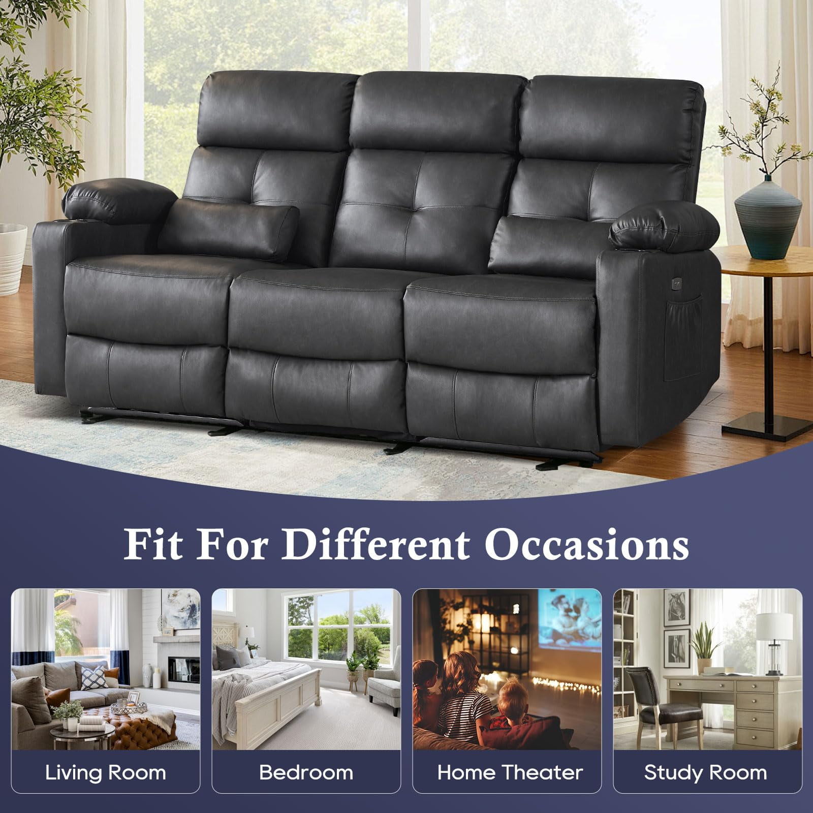 80'' Power Reclining Sofa with Heat and Massage, Electric Reclining Couch with Extended Footrest, Wall Hugger 3-Seater Recliner Sofa with USB Ports, Cup Holders for Living Room