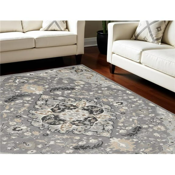 HomeRoots 551429 9 x 12 ft. Floral Medallion Non Skid Rectangle Area Rug - Ivory, Black & Gray